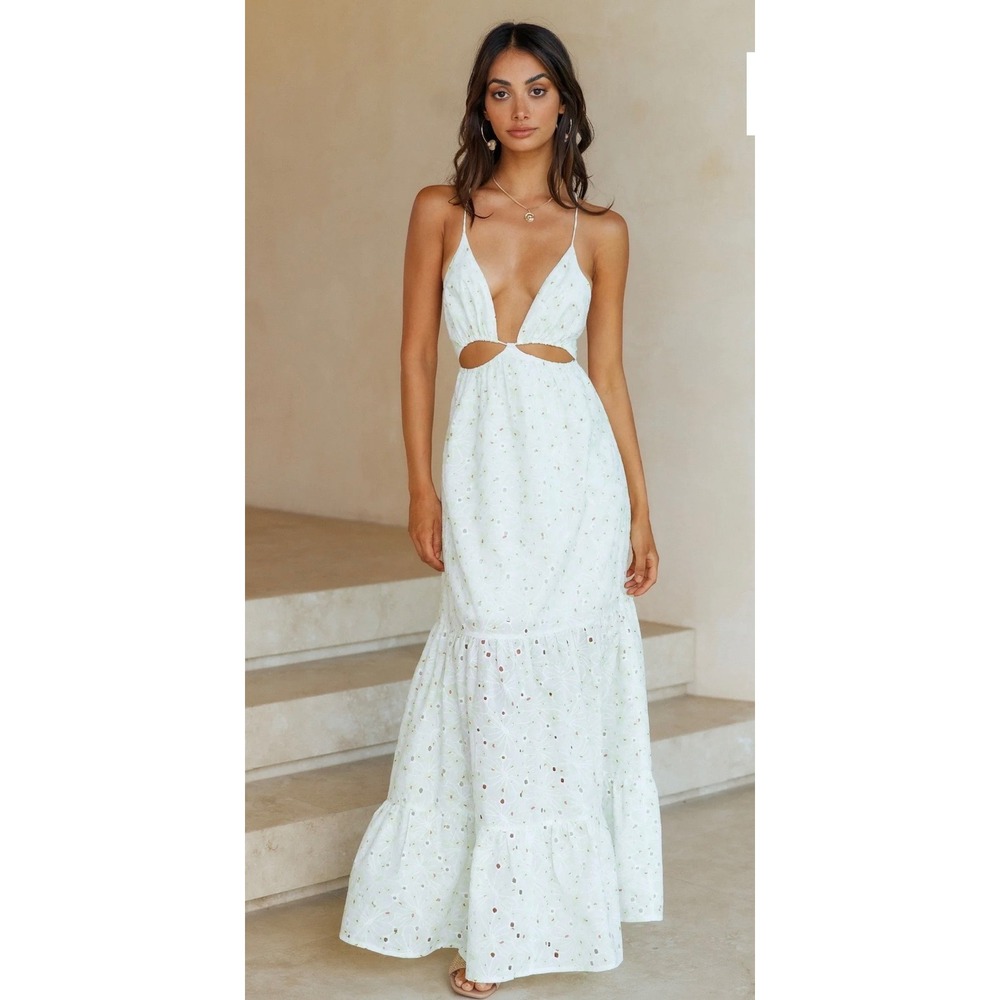 Hello Molly White Eyelet Cut Out Maxi Dress Green Pink Floral HMB002 XS